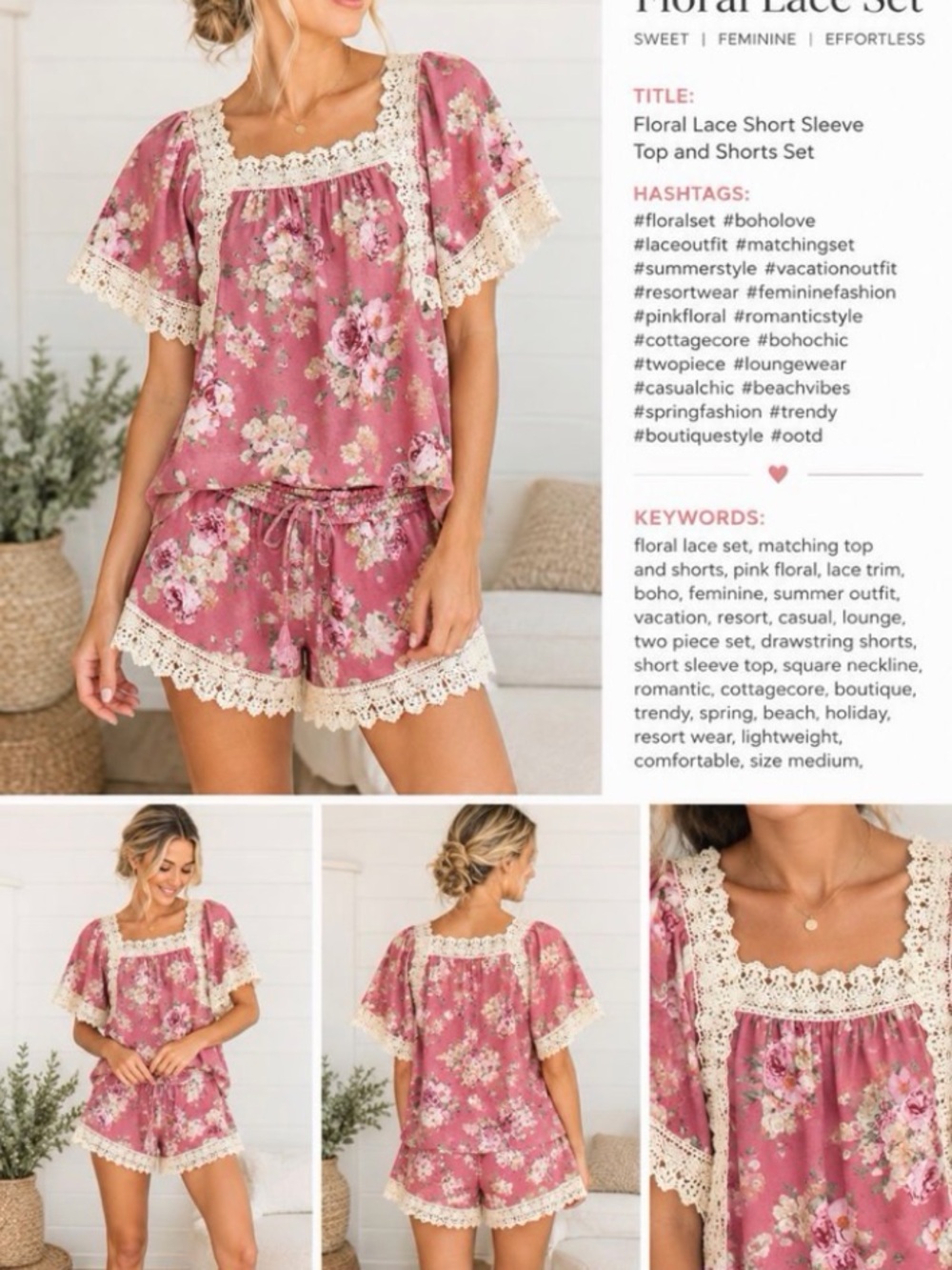 Eloise Intimates Anthropologie Pink  Floral Lace 2 Piece Top & Shorts Set  XS